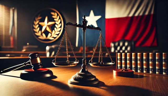 Texas flag with scales of justice.