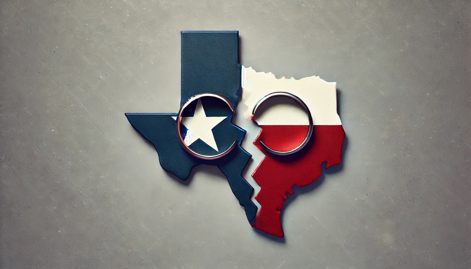 Broken rings on a Texas map, representing the Texas divorce process