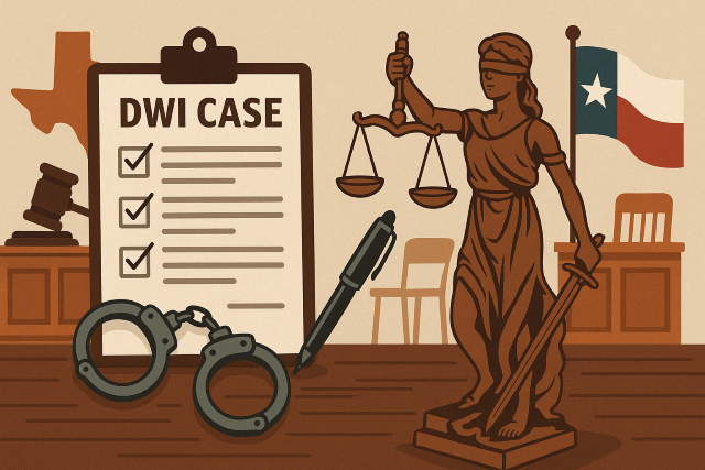Texas DWI case preparation illustration with legal symbols and courtroom elements.