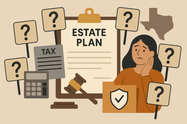 Illustration of a woman surrounded by estate planning questions, tax forms, and legal symbols, representing common estate planning mistakes in Texas.