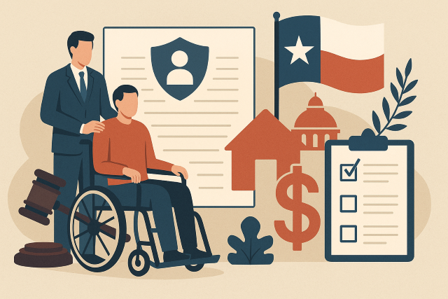Illustration of legal guardianship in Texas showing a guardian supporting a disabled adult with icons for estate, healthcare, and court oversight.