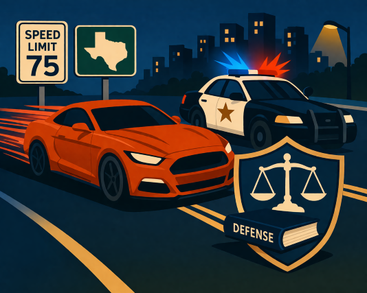 A minimalist illustration of a speeding car being pursued by police with legal defense symbols, representing reckless driving and street racing charges in Texas.