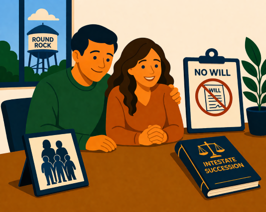 An illustration of a happy couple in Round Rock reviewing estate planning documents, highlighting the importance of creating a will to protect their family’s future.
