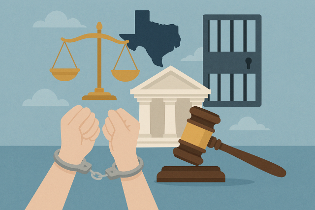 Texas jail release and bond reduction illustration with handcuffs, gavel, and courthouse
