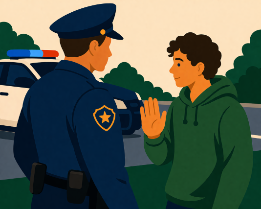 A minimalist illustration of a young man invoking his rights during a police encounter, representing how to exercise Miranda rights in Texas.
