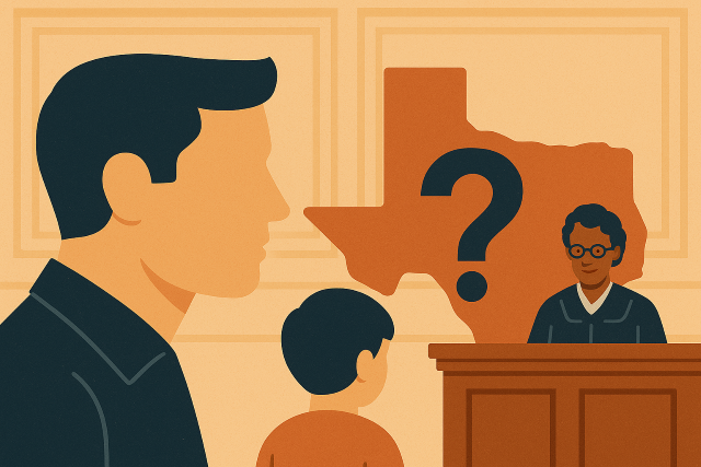 Illustration of a man, a child, and a judge in a Texas courtroom, representing a paternity case.