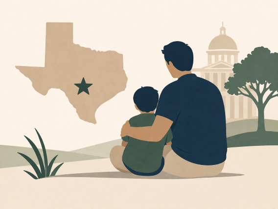Illustration of a father and child in Williamson County, Texas, symbolizing paternity rights and responsibilities for unmarried parents.