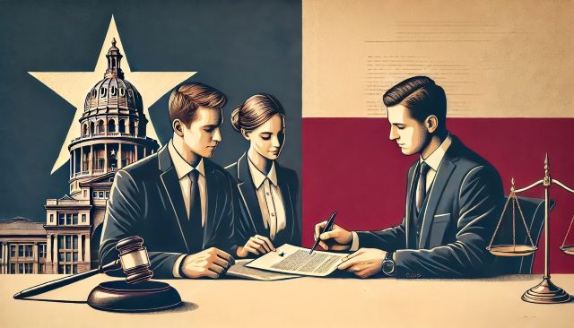 Texas couple meeting with attorney to discuss divorce.