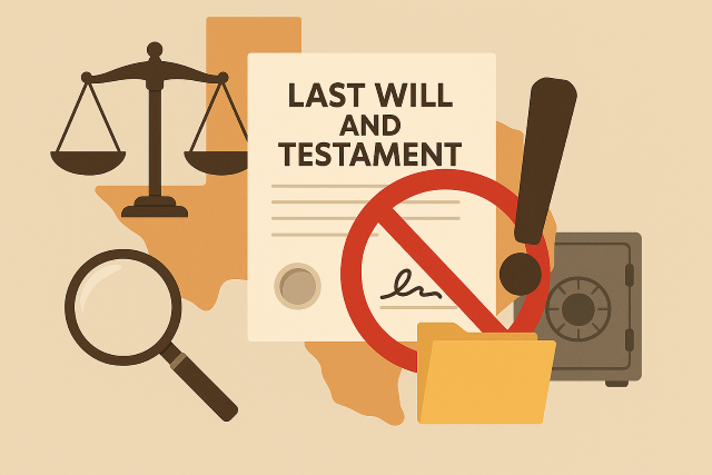 Illustration of a last will and testament surrounded by probate symbols—scales of justice, magnifying glass, safe, and prohibition sign—set against a Texas backdrop.