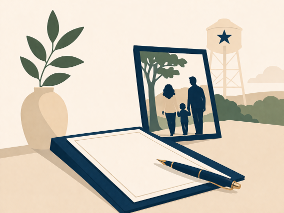 Illustration of estate planning documents and family silhouette in Round Rock, Texas, symbolizing when to update your will.