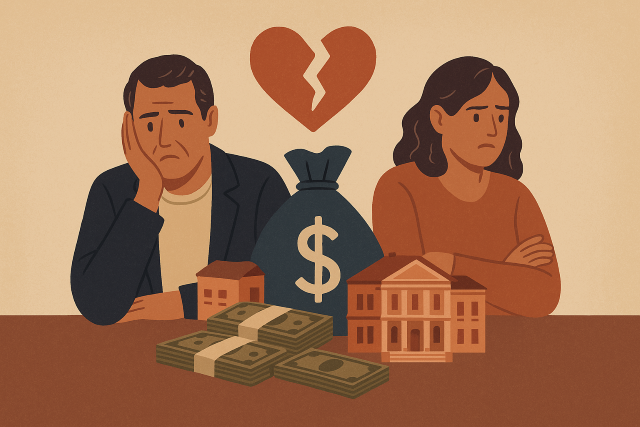 Illustration of a divorcing Texas couple sitting apart at a table with a broken heart above them, surrounded by money, houses, and a large money bag.