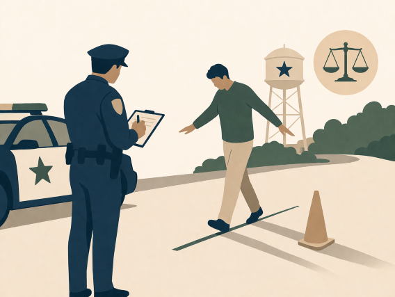Illustration of a field sobriety test in Round Rock, Texas, highlighting DWI defense and challenges to roadside testing.