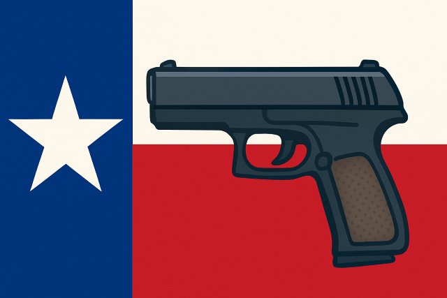 Illustration of a handgun in front of the Texas state flag