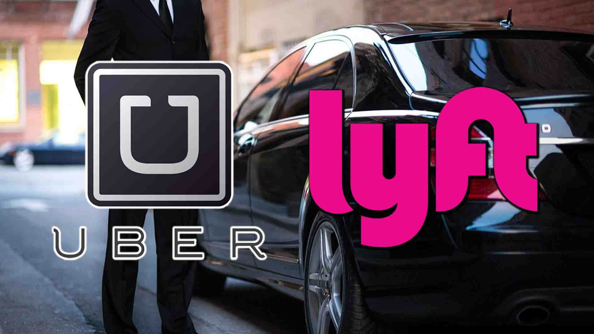 Uber & Lyft logos in front of a black fleet car and suited driver.